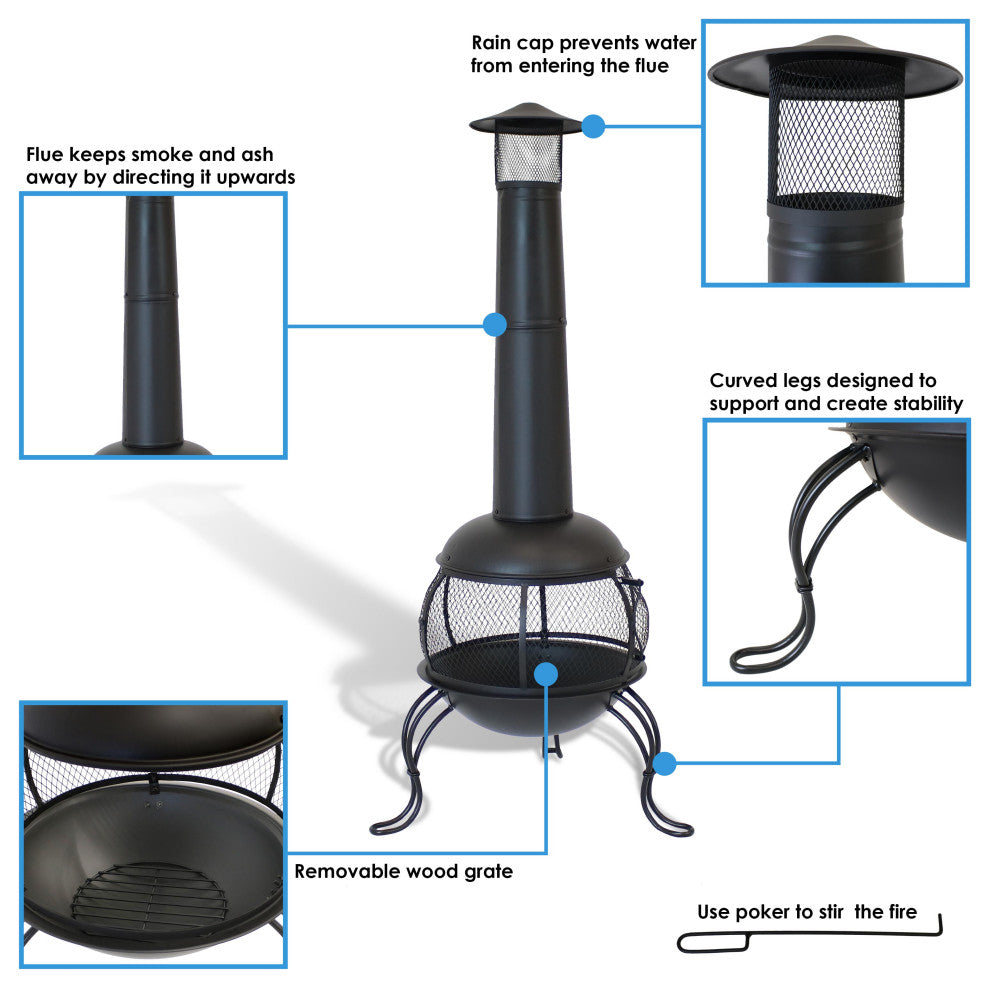Sunnydaze 66" Chiminea Wood-Burning Fire Pit Steel Black and Rain Cap
