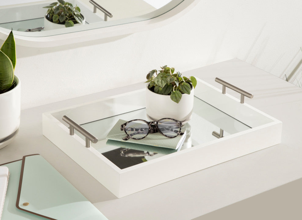 Lipton Decorative Wood Tray With Metal Handles, White/Mirror