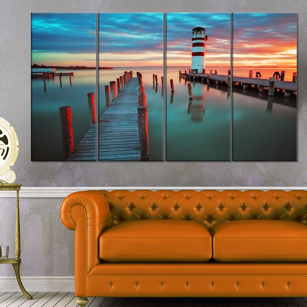 Lighthouse at Lake in Neusiedl am See, Landscape Canvas Art, 48"x28", 4 Panels
