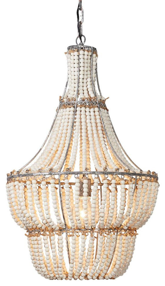 Vintage Style White Wood Bead Empire Shape Chandelier 18 x 30 Elegant Cottage