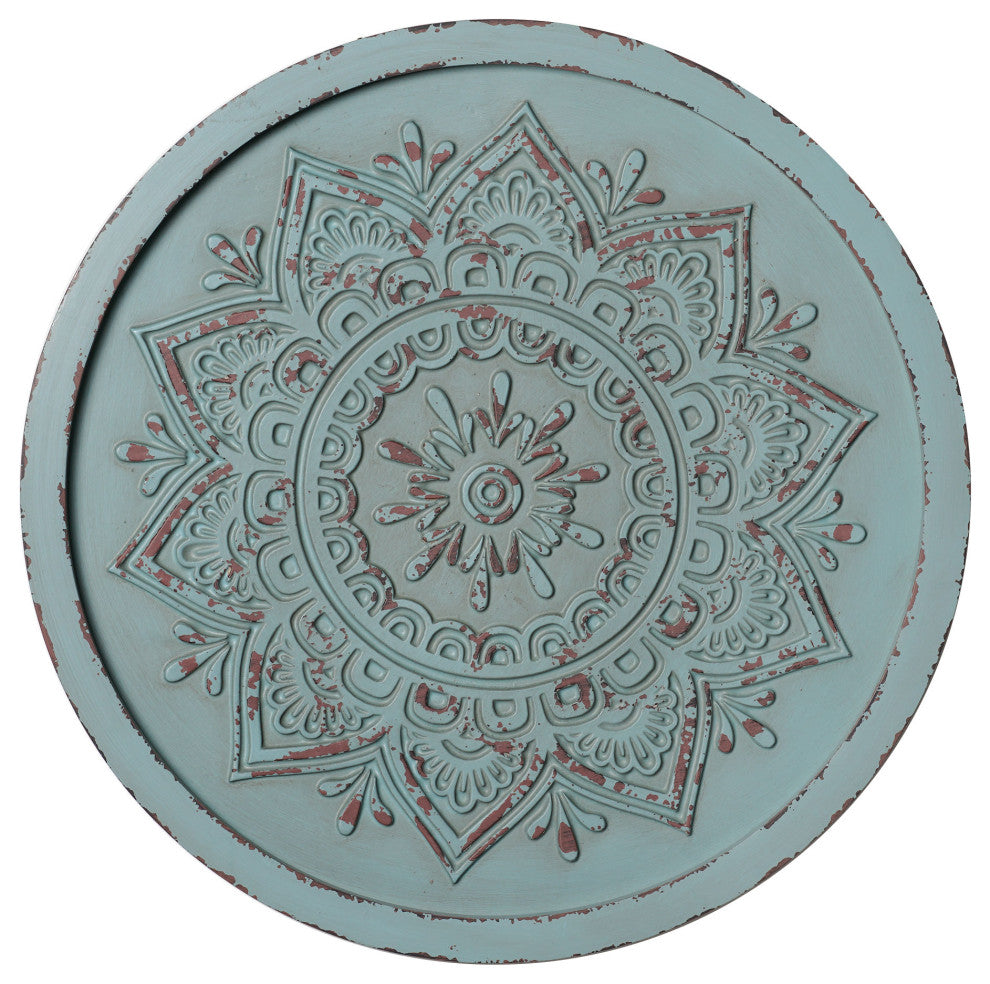 American Art Decor Boho Rustic Farmhouse Wood Framed Wall Medallion - Turquiose