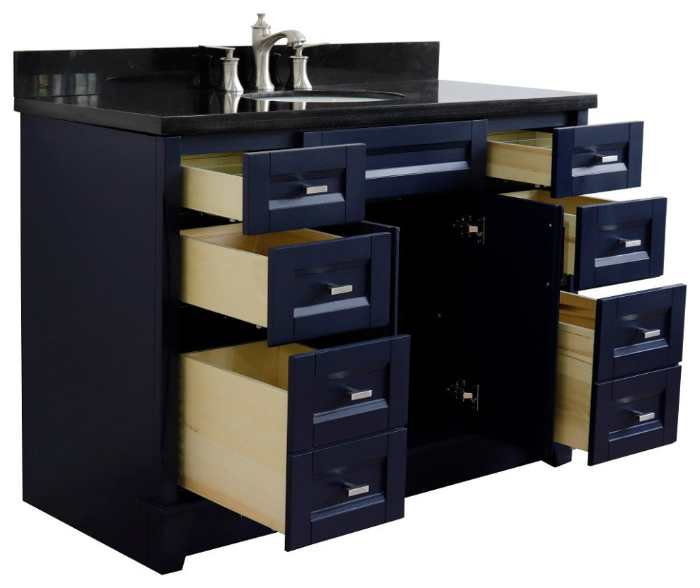 49" Single Sink Vanity, Blue Finish With Black Galaxy Granite And Oval Sink