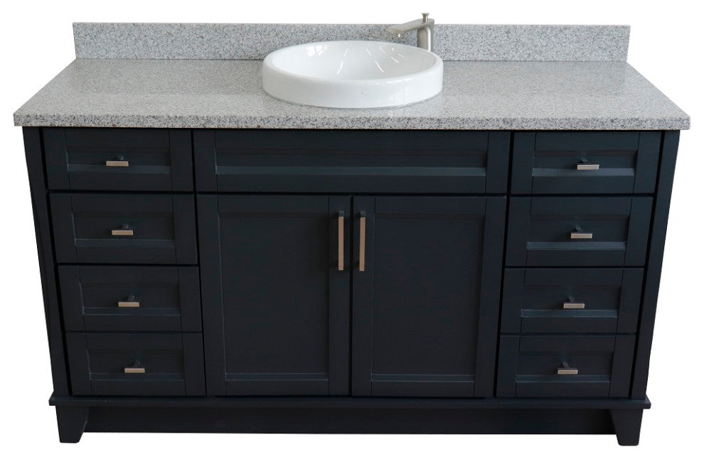 61" Single Sink Vanity, Dark Gray Finish And Gray Granite And Round Sink
