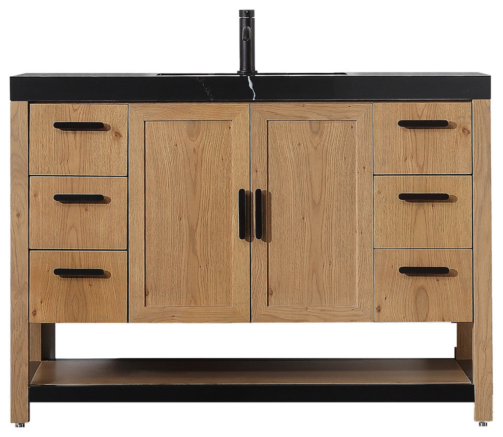 WINCHESTER Freestanding Modern Bathroom Vanity, Pecan Oak, 48", Black Countertop