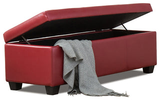 48" Elegant Leather/Linen Rectangular Storage Ottoman, Red