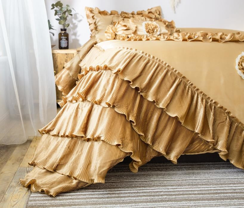 Gold Caramel Latte Ruffle Faux Satin Comforter Set, Cal King