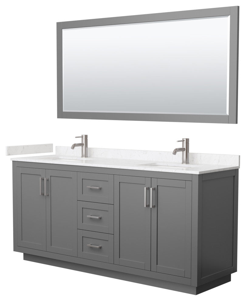 72"DBL Vanity Dark Gray, LV Carrara Cult. Top, Sinks, Nickel Trim, 70"Mirror