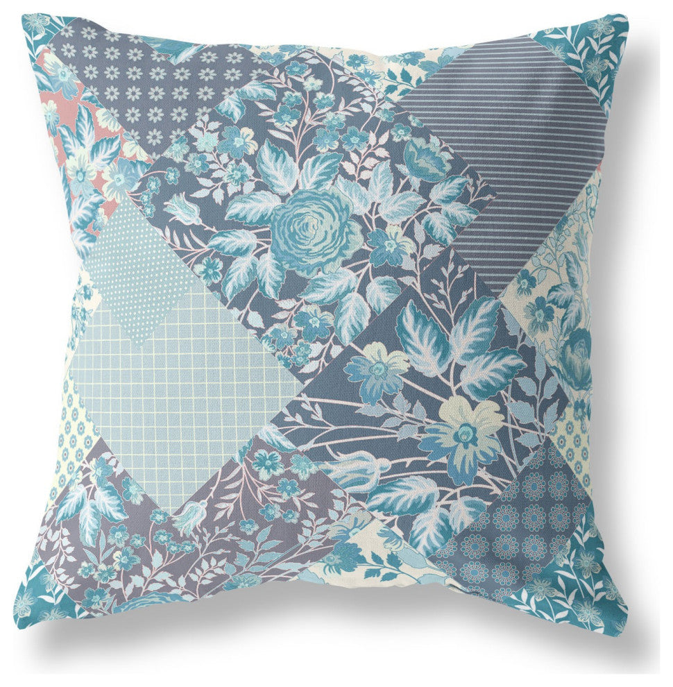 28" Aqua Navy Boho Floral Indoor Outdoor Throw Pillow