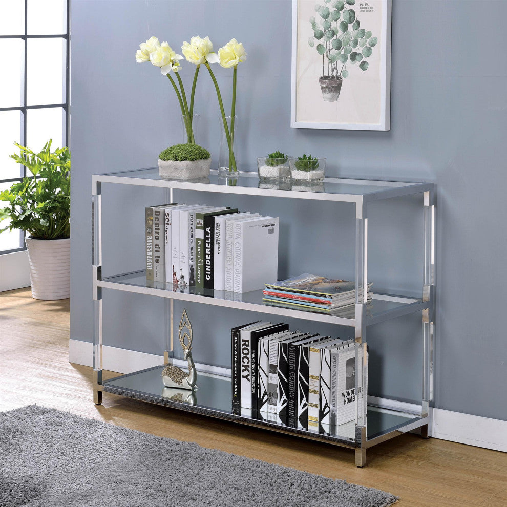 Furniture of America Jask Contemporary Glass 2-Shelf Sofa Table in Chrome