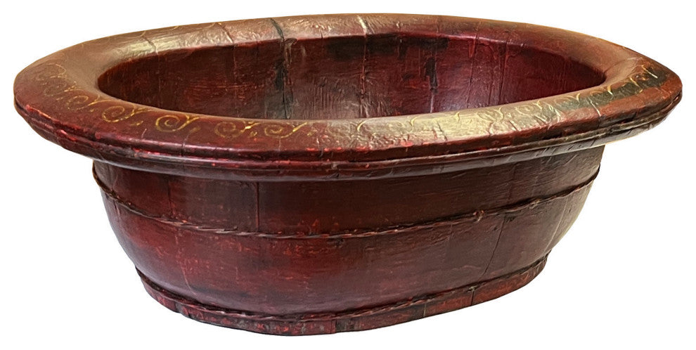Chinese Vintage Distressed Brick Red Flower Oval Shape Wood Bucket Hws3118