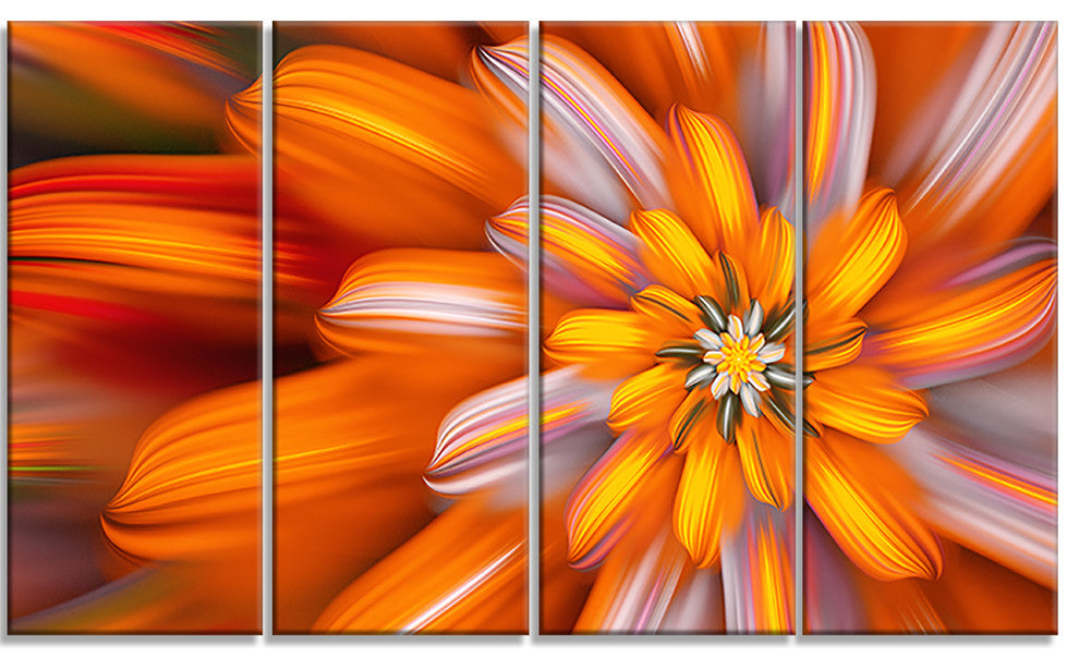 Massive Orange Fractal Flower, Floral Canvas Art Print, 48"x28", 4 Panels
