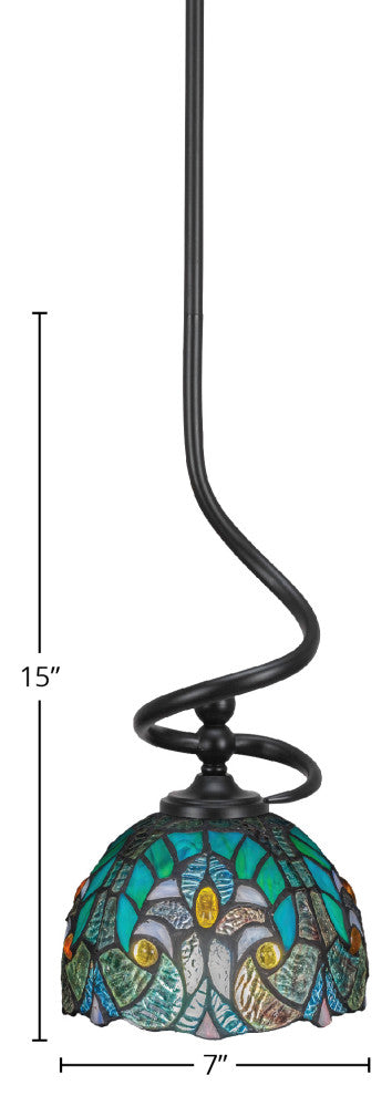 Capri Stem Mini Pendant In Matte Black Finish With 7" Turquoise Cypress Art
