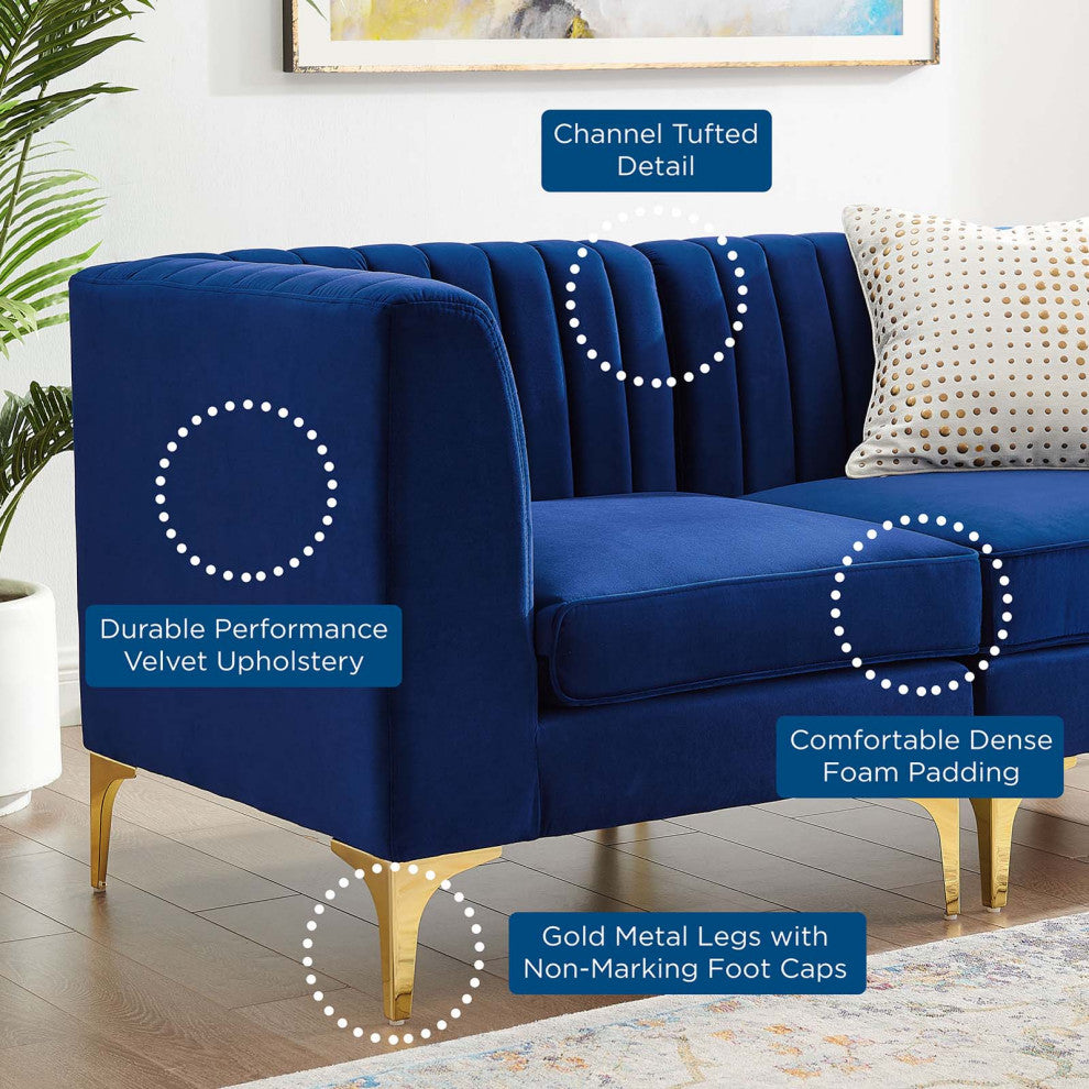 Tufted Sectional Sofa Set, Velvet, Blue Navy, Modern, Living Lounge Hospitality