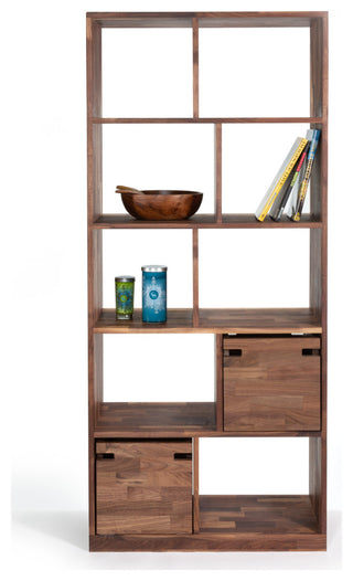 Zuma High Modern Solid Wood Walnut Shelving Unit, Open Bookcase