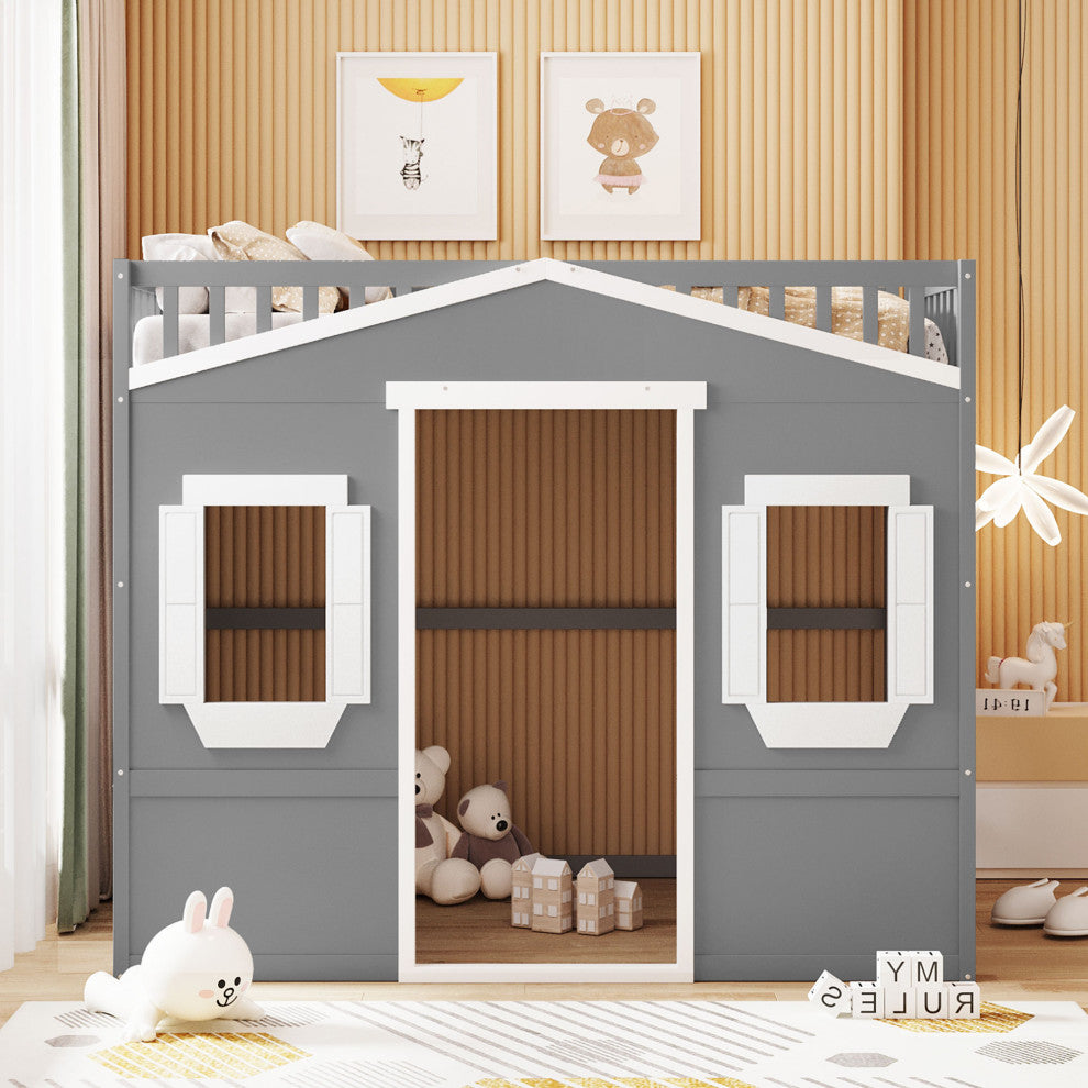 Gewnee Full Size Wood House Loft Bed With Ladder in Gray+White