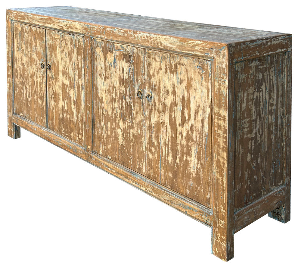 Distressed Bleached White Blue Wash Rough Wood Credenza Console Cabinet Hws4340