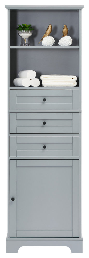 68" Tall Freestanding Bath Cabinet, 3 Drawers and Adjustable Shelves, Grey