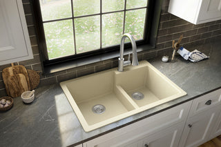Karran 33" Top Mount Double Bowl 60/40 Quartz Kitchen Sink Kit, Bisque
