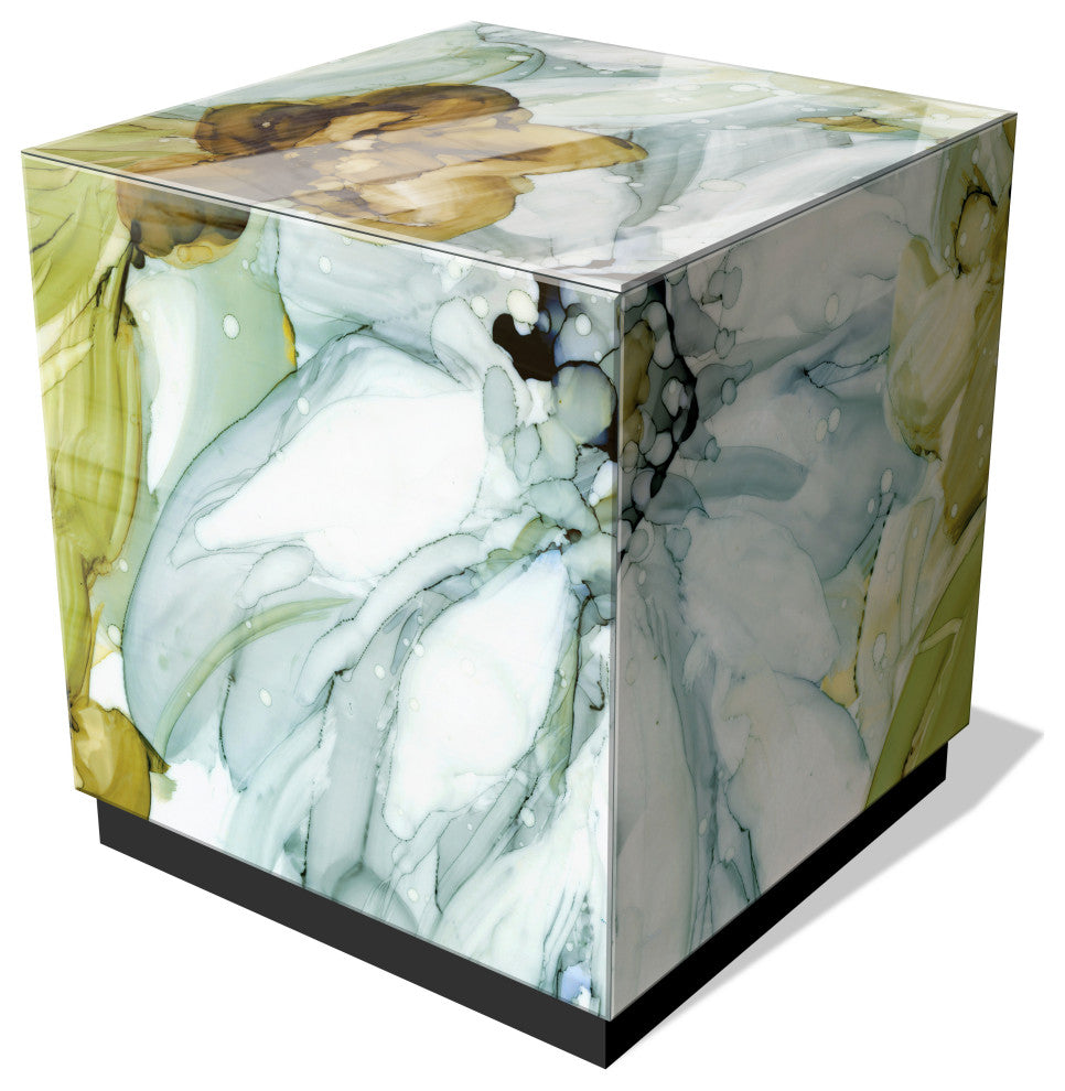 "Seaglass Garden I" Reverse Printed Art Glass Side Table with Black Plinth Base