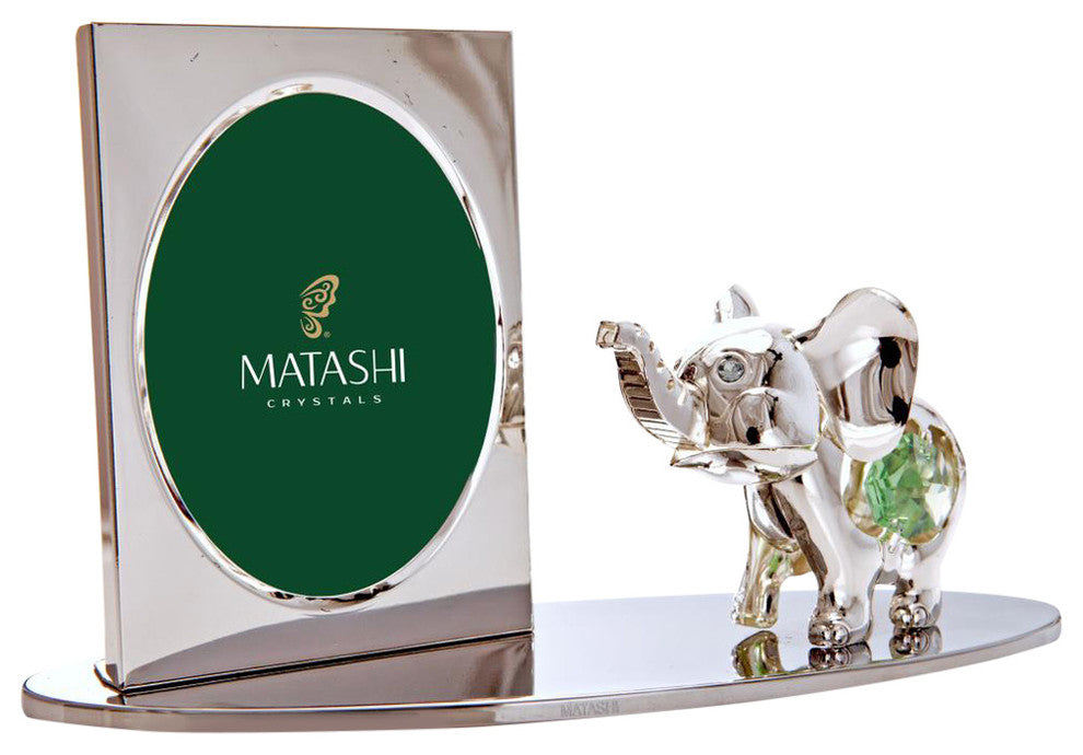 Silver Plated Picture Frame With Crystal Elephant Figurine On A Base