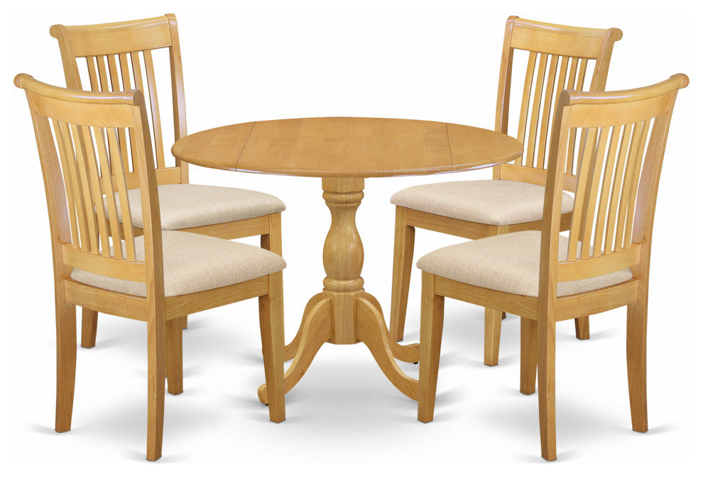 5 Pc Dining Set, Oak Wood Table, 4 Oak & Chairs, Slatted Back, Oak Finish