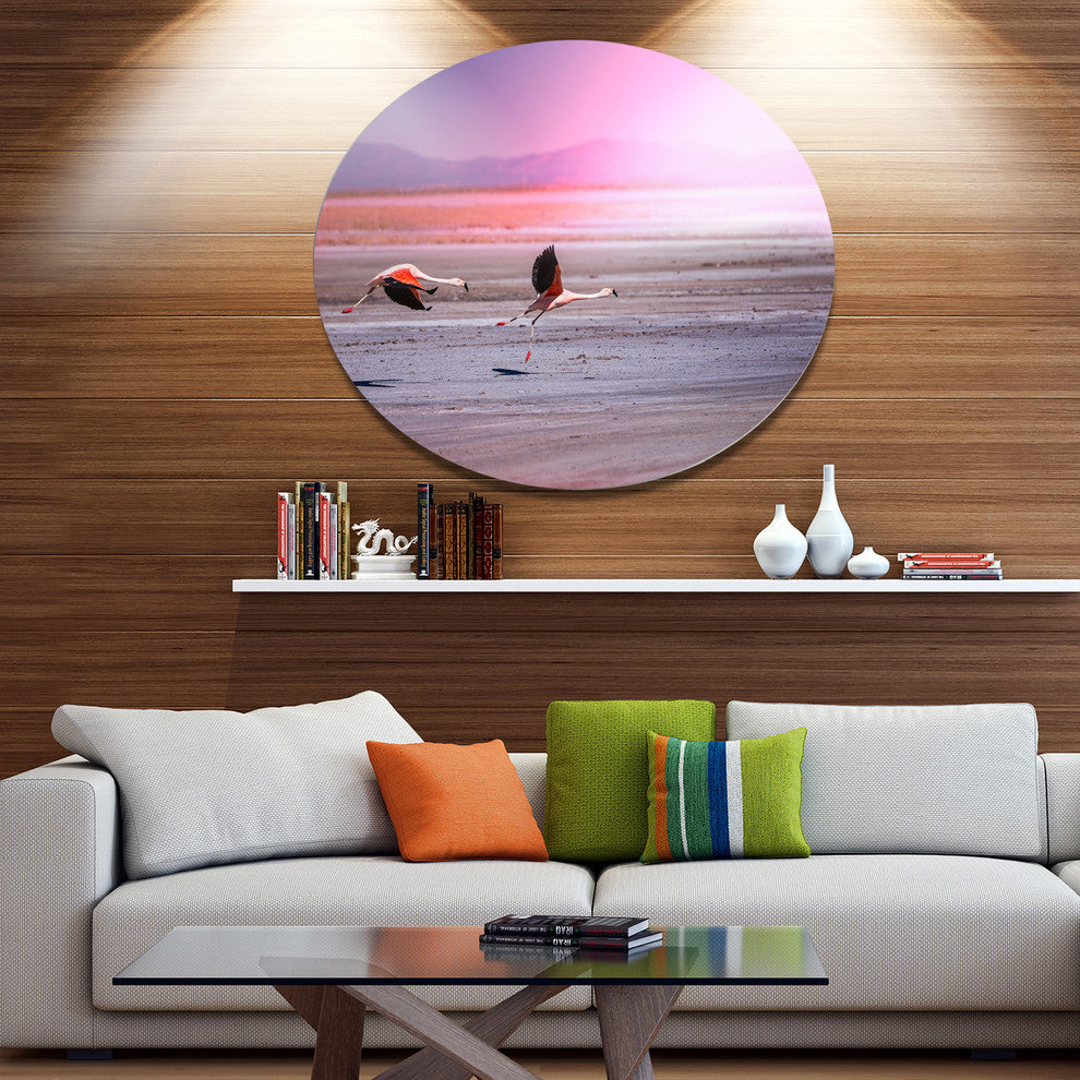 Flying Pair Of Cute Flamingos, Animal Round Metal Wall Art, 23"