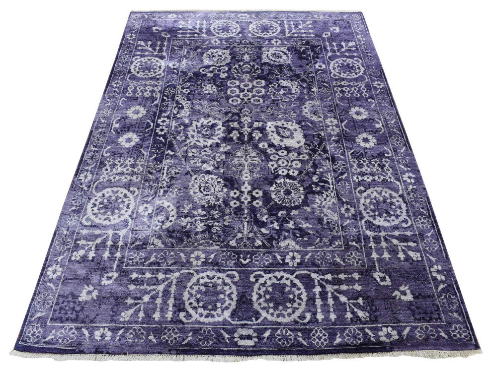 Medium Purple Transitional Tabriz Wool and Silk Hand Knotted Rug 4'10"x6'8"