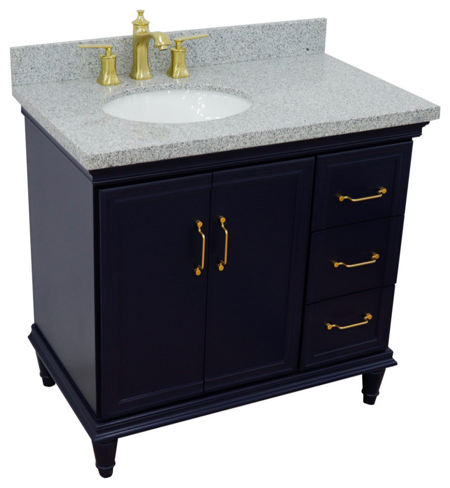 37" Single Vanity, Blue Finish With Gray Granite