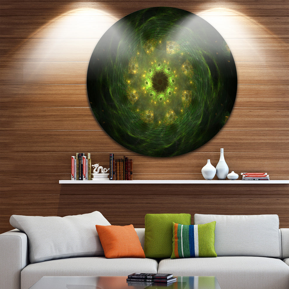 Bright Green Fractal Flower In Black, Floral Round Wall Art, 36"