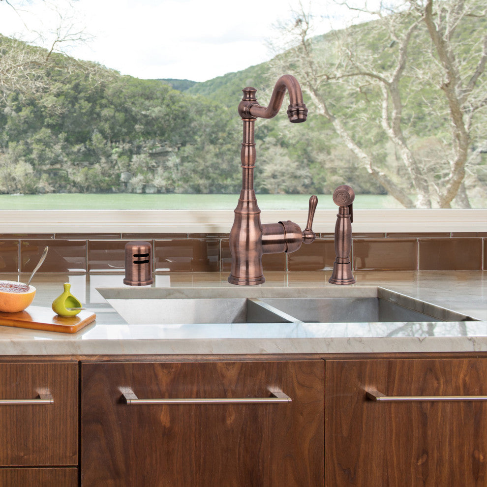 One-Handle Copper Widespread Kitchen Faucet with Side Sprayer, Antique Copper