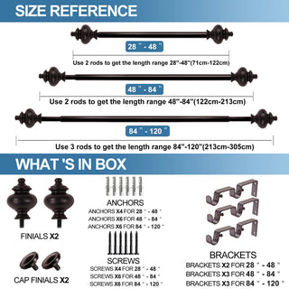 Round Urn Adjustable Double Curtain Rod Set, 5/8", Bronze, 84"-120"