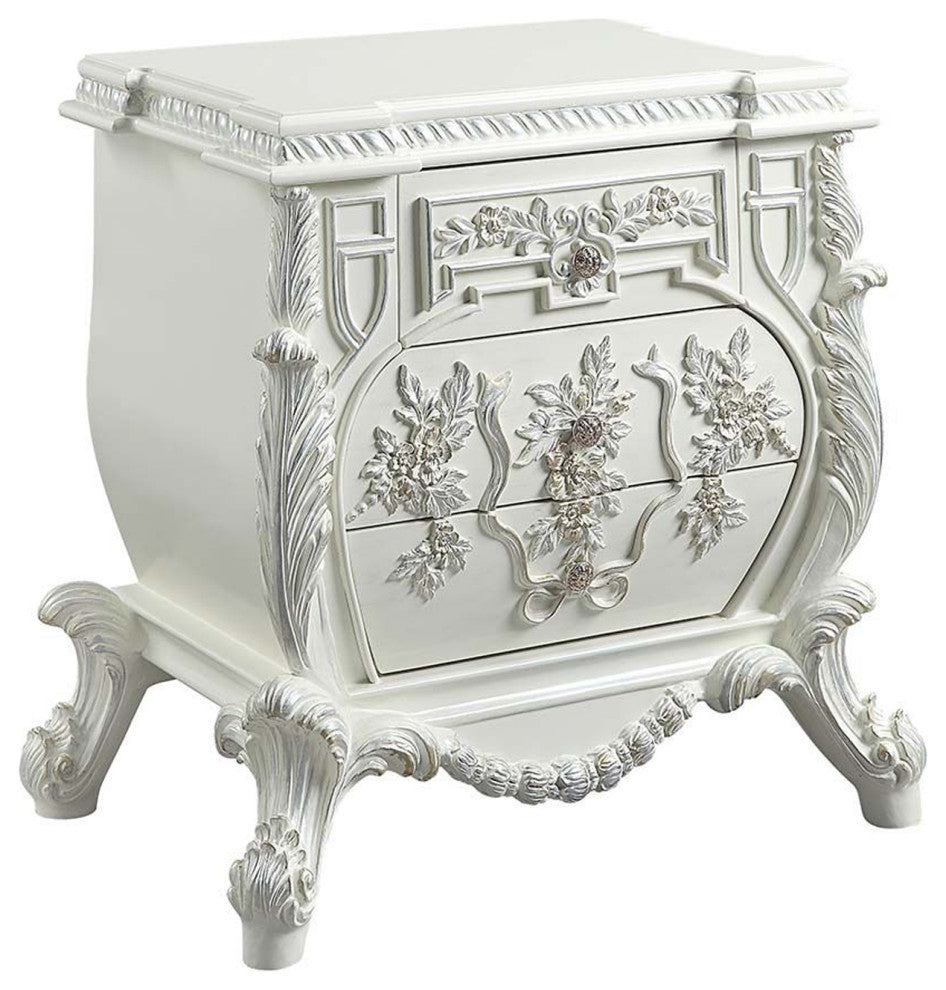 Benzara BM262125 Nightstand With Ornate Floral Accent & 3 Drawers, Antique White