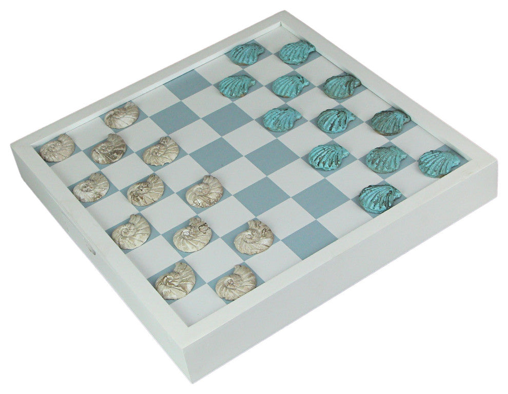 Coastal Themed Seashell Checkers Set With Game Board 13 Inches