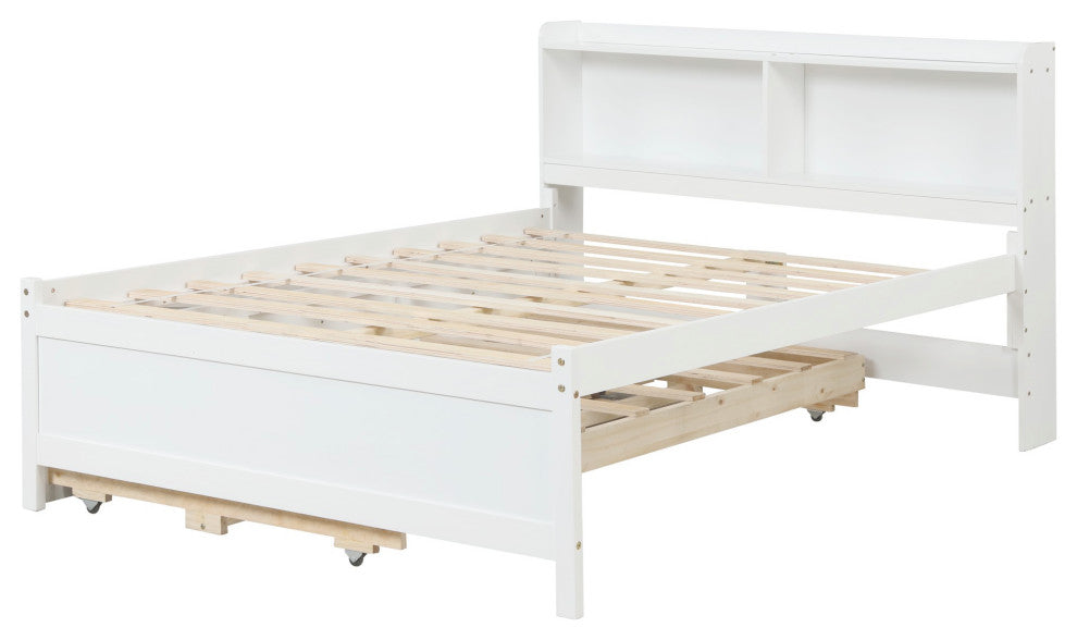 Full/Twin Wood Frame Platform Bed with Trundle and Drawers, White, Full