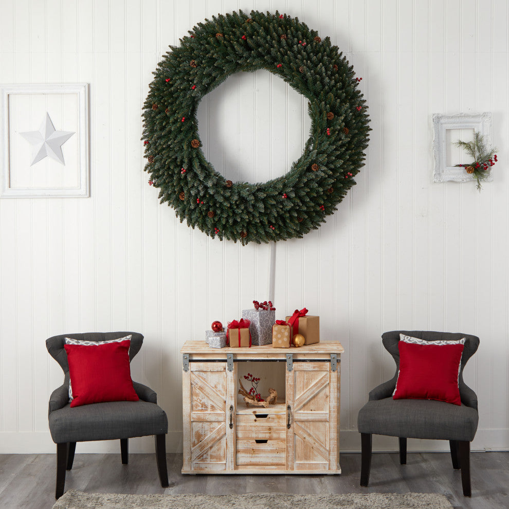 5' Large Flocked Faux Xmas Wreath W/Pinecones, Berry, Lights & Bendable Branches