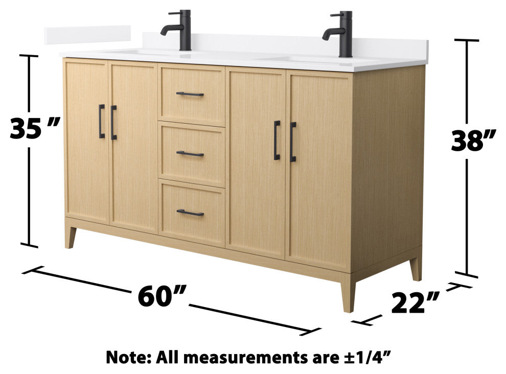 Elan 60" Double Vanity, White Oak, White Quartz Top, 1-Hole, Black Trim
