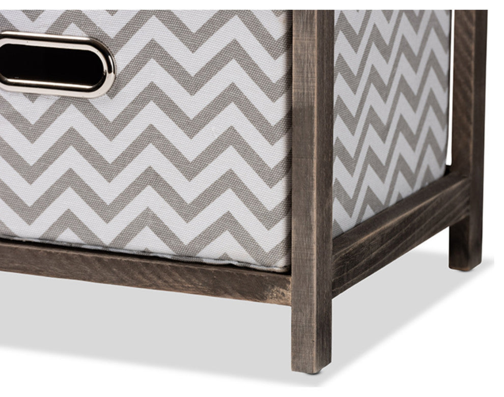 Jorah Gray And White Fabric Upholstered Graywashed Wood 4-Basket Storage Unit