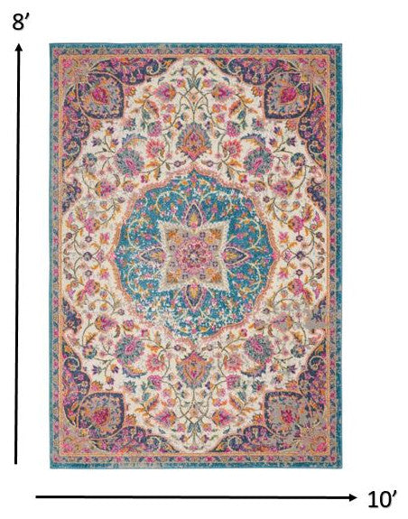 8 x 10 Pink and Blue Floral Medallion Area Rug