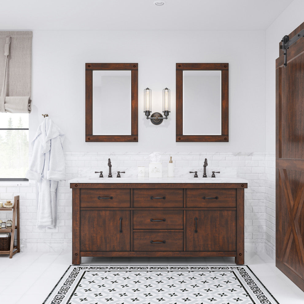Aberdeen Vanity With Hook Faucet, Rustic Sierra, 72", Carrara Marble Top