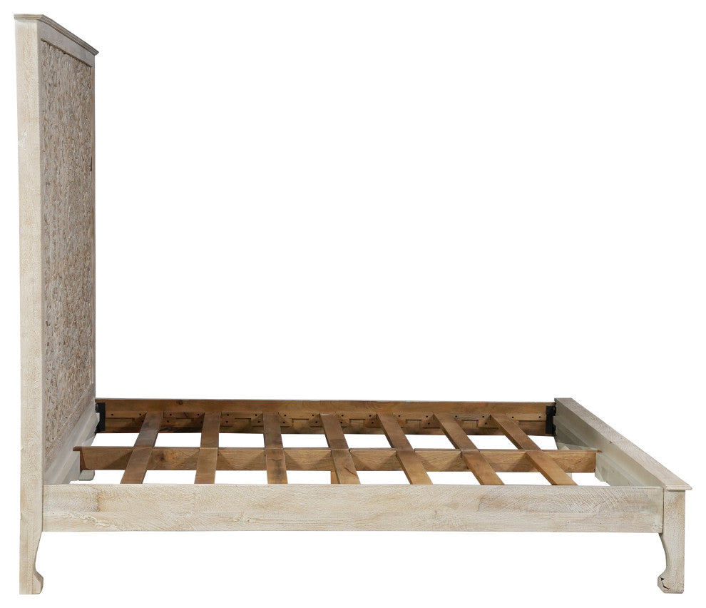 Milano Floral Carved Solid Wood Queen Panel Bed, White, King
