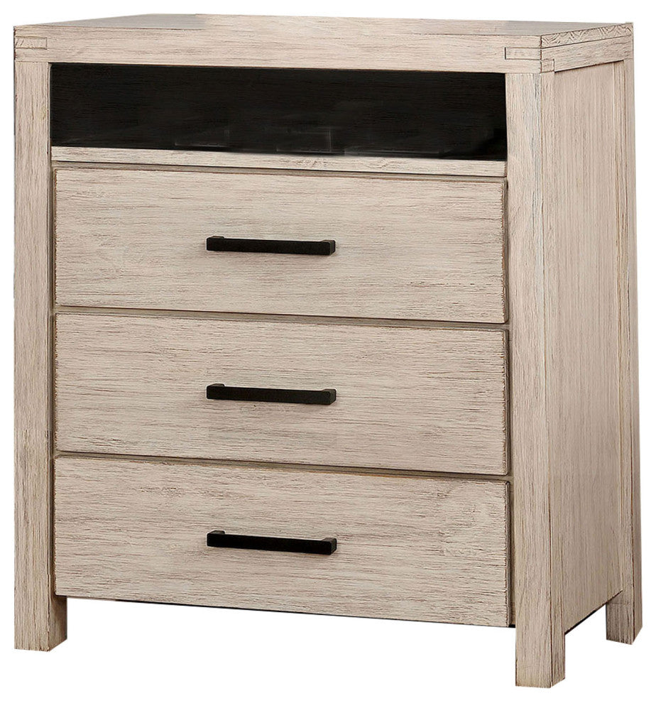 Benzara 3 Drawer Rustic Style Media Chest with Open Compartment, White