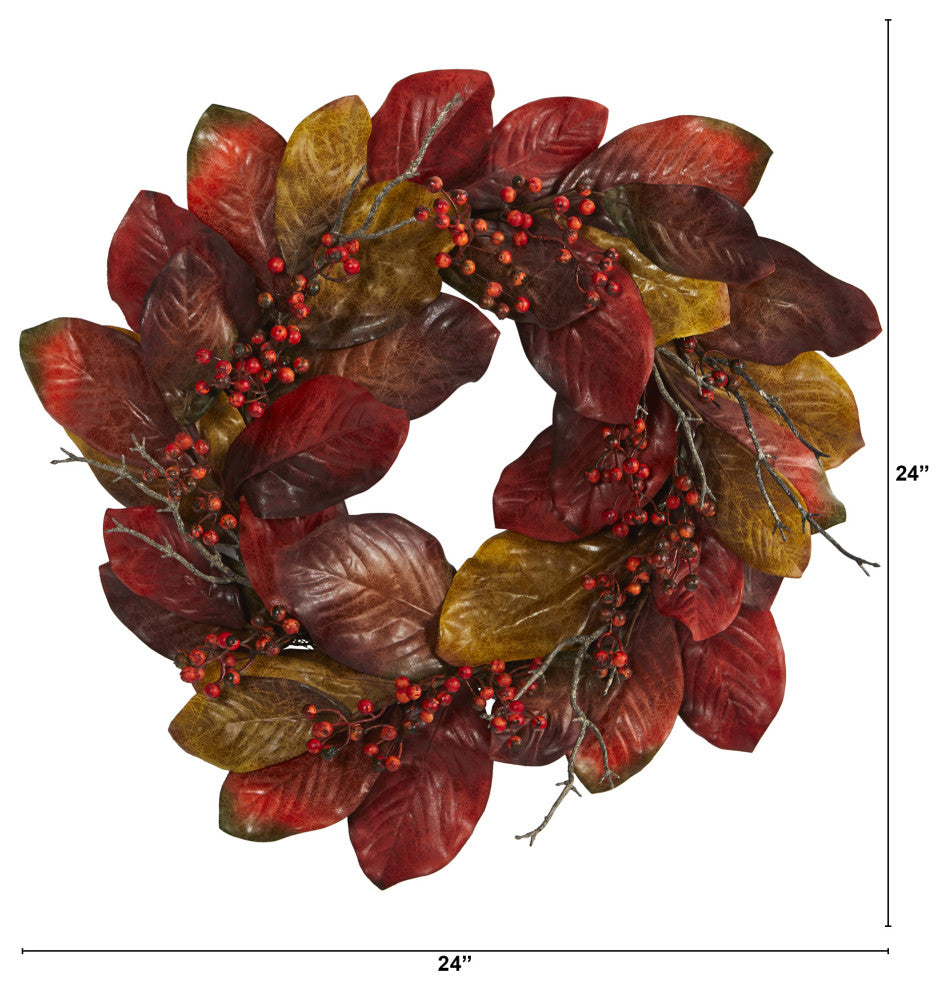 Nearly Natural 24" Harvest Magnolia Leaf and Berries Artificial Wreath