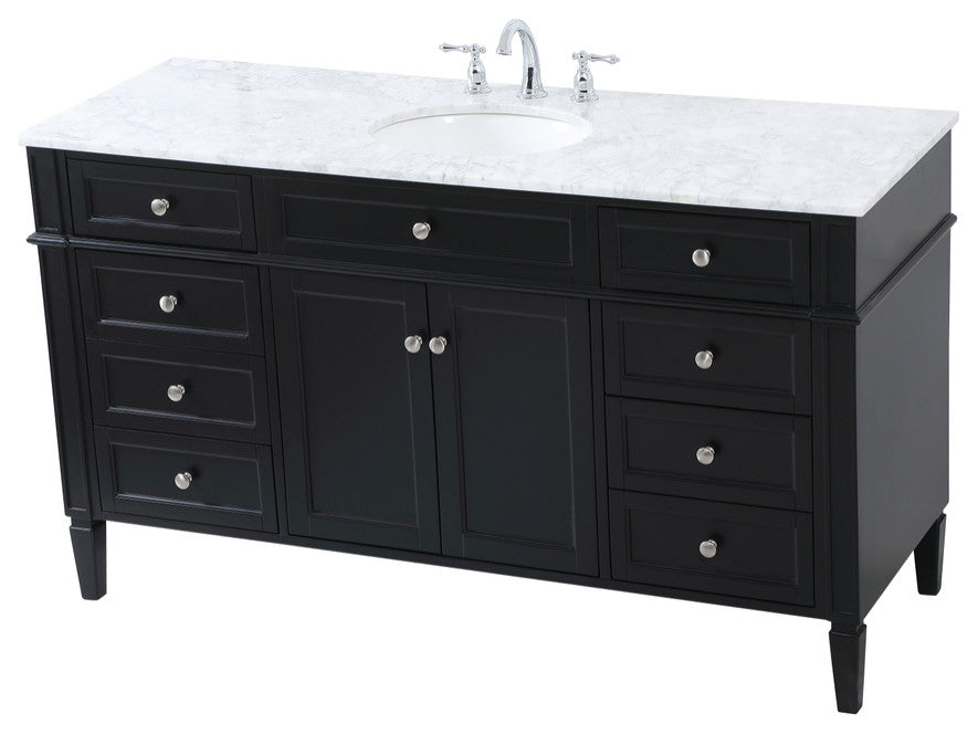 Home Living Vanity with Carrara White Marble Countertop, Black, 60", Single Sink