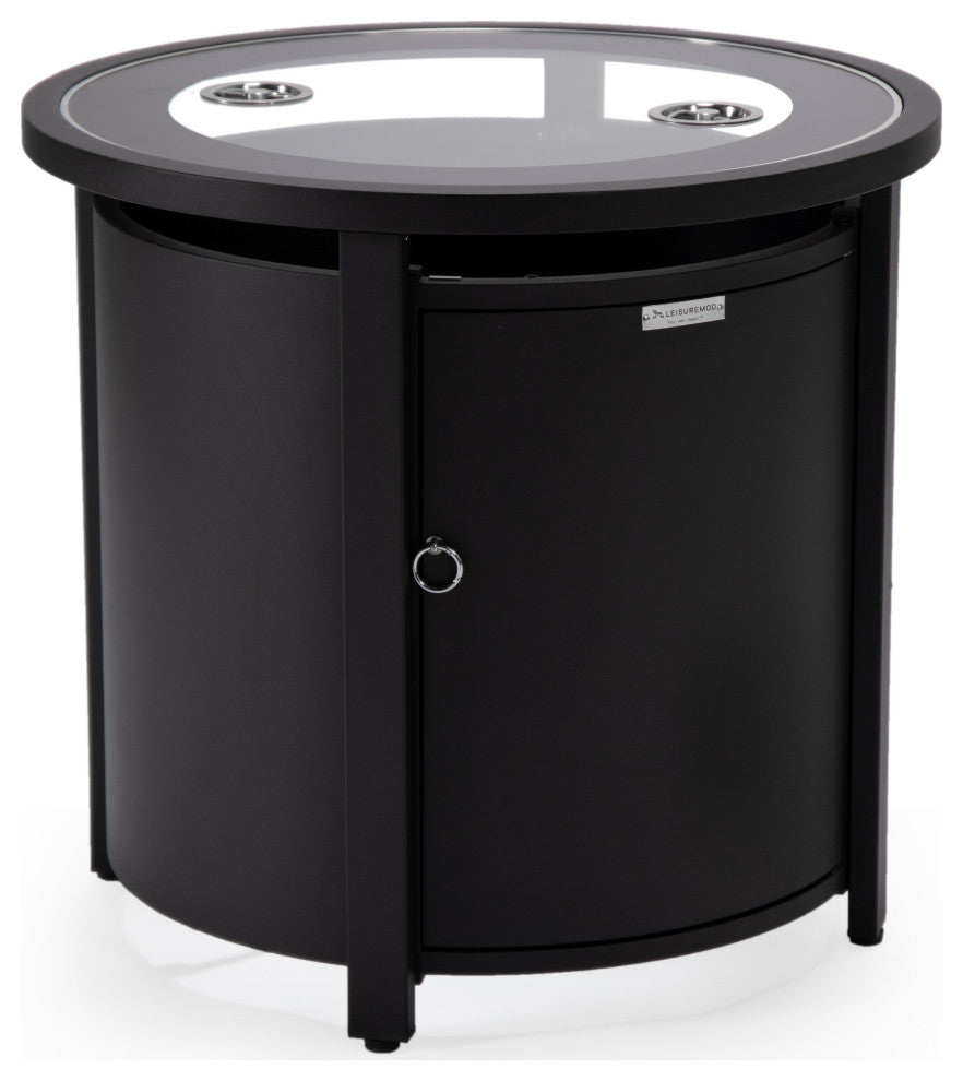 LeisureMod Walbrooke Round Fire Pit Table and Tank Holder, Black