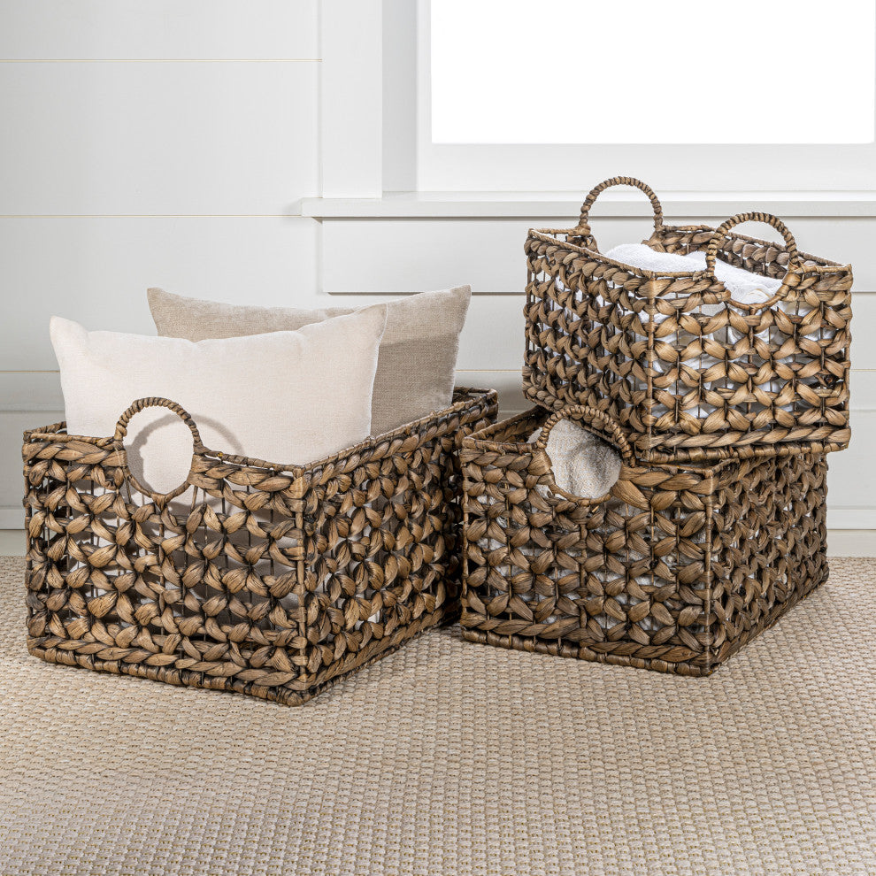 Quinn Cottage Woven Hyacinth Rectangular Storage Baskets With Handles, Set of 3