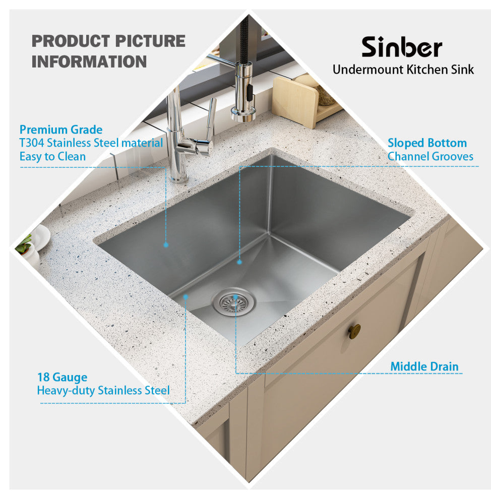 Sinber Single Bowl Kitchen Sink with 304 Stainless Steel Satin Finish, 23"x18"x9", Undermount