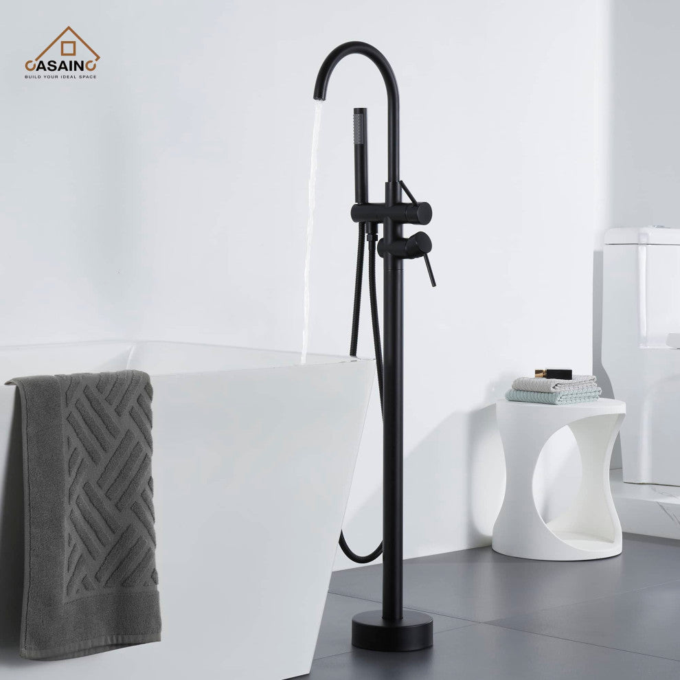 Freestanding Bathtub Faucet Hand Shower Floor-Mount High-arc Tub Faucet 2-Handle