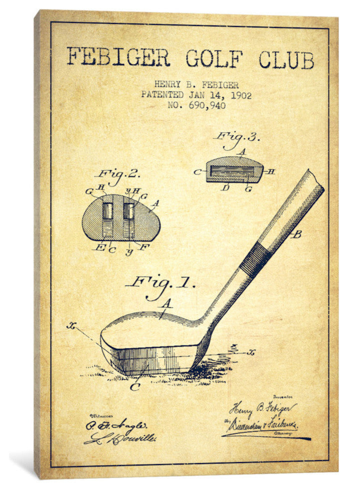 "Febiger Golf Club Vintage Patent Blueprint" by Aged Pixel, 26x18x1.5