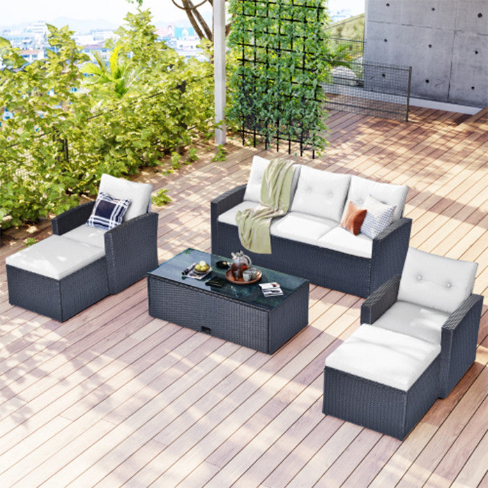 6 piece dark black wicker patio dining conversation sectional set  outdoor furni