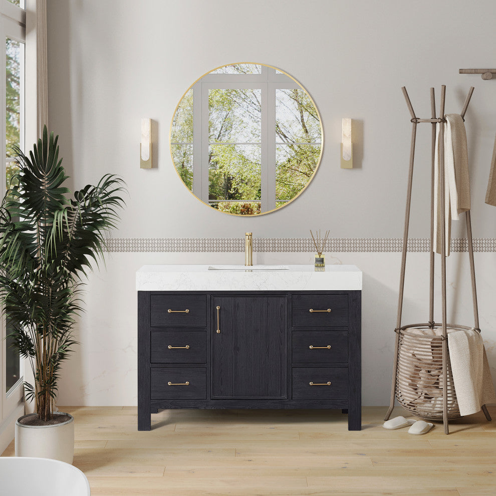 Leon Bath Vanity With Composite Stone Top, Fir Wood Black, 48", With Mirror